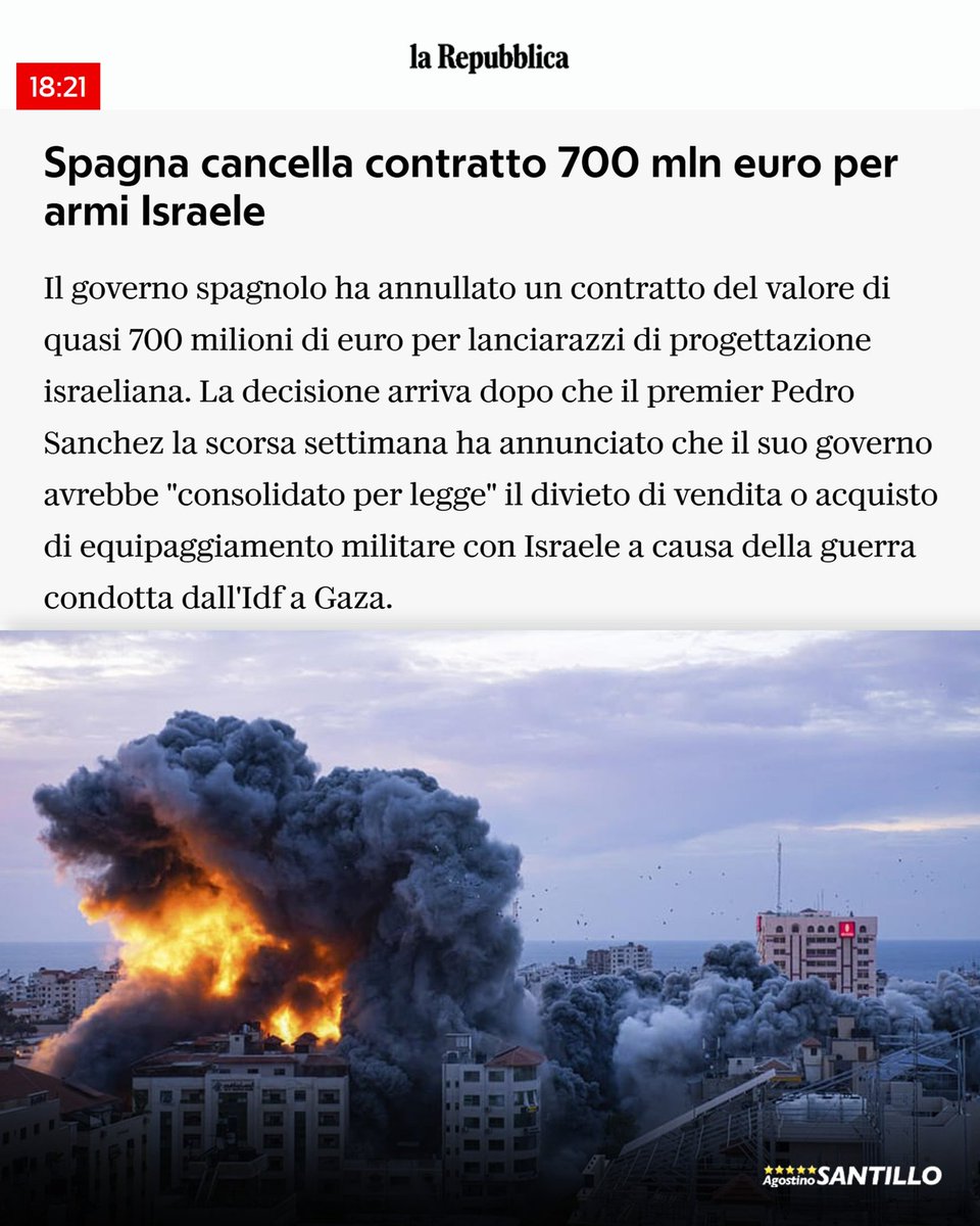 Mentre l'Italia sprofonda nella vergogna totale per il silenzio e la complicità, la #Spagna ha detto basta con le armi a #Netanyahu. #Meloni &amp; company prendete esempio.