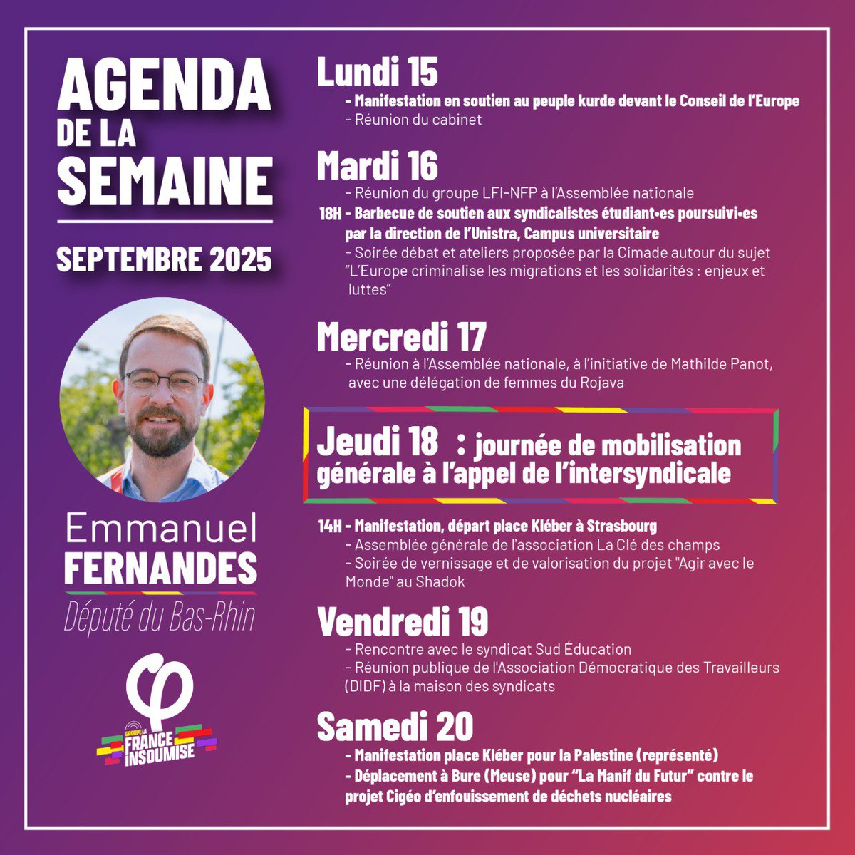 📆Agenda de la semaine :

✊Manifestation en soutien au peuple kurde devant le Conseil de l’Europe
🔻Soutien aux syndicalistes étudiant•es poursuivi•es par la direction de l’Unistra
✊ Manifestation, départ place Kléber, #Strasbourg 
☢️Déplacement à #Bure contre le projet Cigéo
