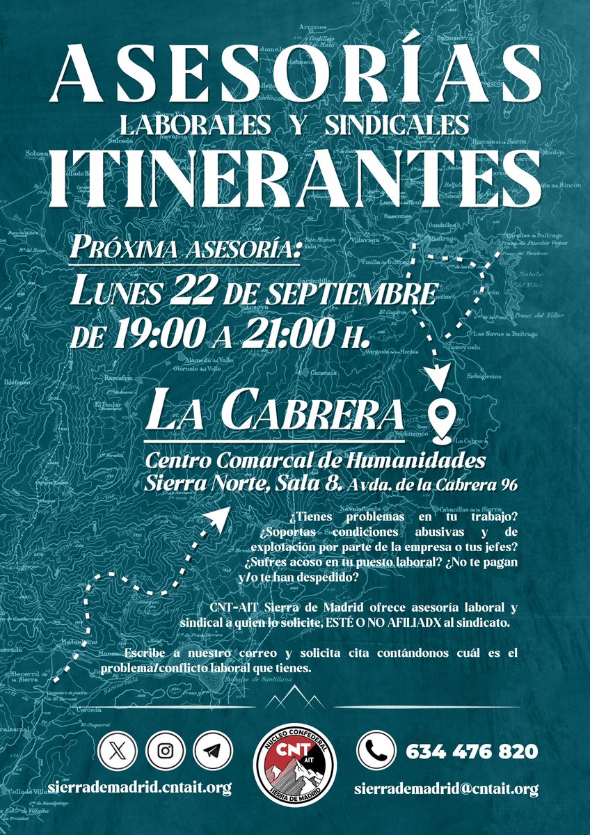 El próximo LUNES 22 DE SEPTIEMBRE, continuamos con nuestras 🔴⚫ASESORÍAS INTINERANTES🔴⚫

En esta ocasión nos vemos en la localidad de La Cabrera

📍Centro Comarcal de Humanidades Sierra Norte (sala 8) Avenida de la Cabrera 95 

⌚ A las 19:00

Puedes venir, estés o no afiliada
