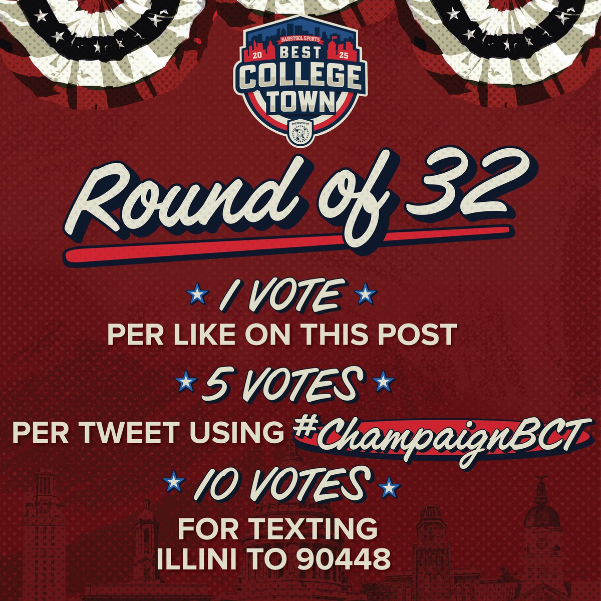 BarstoolILL's tweet photo. 🔥 Round of 32 is HERE! 🔥
Champaign needs YOUR vote to keep the run alive in the Barstool Best College Town competition 🏆 #ChampaignBCT
🗳️Ways to vote are listed below
⏰ Voting closes Thursday at 11:59PM EST https://t.co/gRNUcciNHw