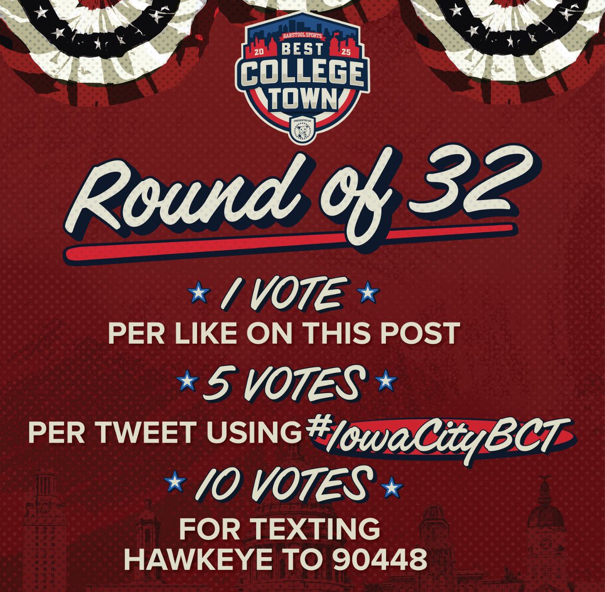 BarstoolUIowa's tweet image. 🔥 Round of 32 is HERE! 🔥
Iowa City needs YOUR vote to keep the run alive in the Barstool Best College Town competition 🏆 #IowaCityBCT 
🗳️Ways to vote are listed below
⏰ Voting closes Thursday at 11:59PM EST