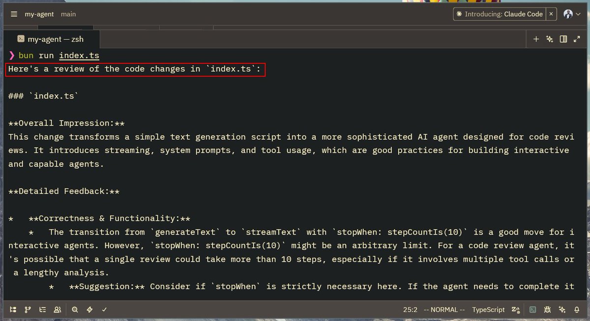 thedahunsidavid's tweet image. Backlog now completed, so:
📌 Day 22 of #ALX_AIDEV by @alx_africa 

I built a code review agent with:
🔹 TypeScript
🔸 Bun
🔹 Vercel’s AI SDK
🔸 Gemini LLM.

We equipped the agent with a system prompt and tools.

Screenshot attached. Link to GitHub in replies.