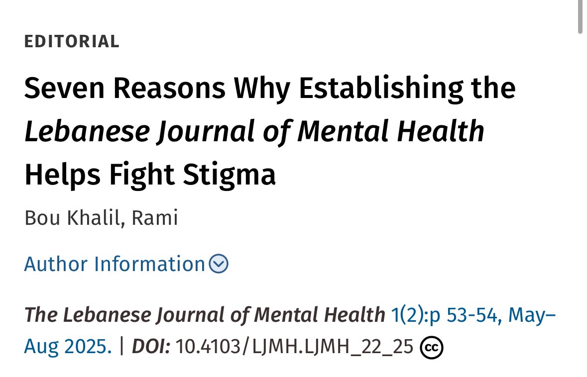 🚨 The second issue of LJMH is out! 

From psycho-oncology to parental styles via eating disorders, a diverse selection of articles for the Lebanese and International readership.

journals.lww.com/ljmh/pages/cur…