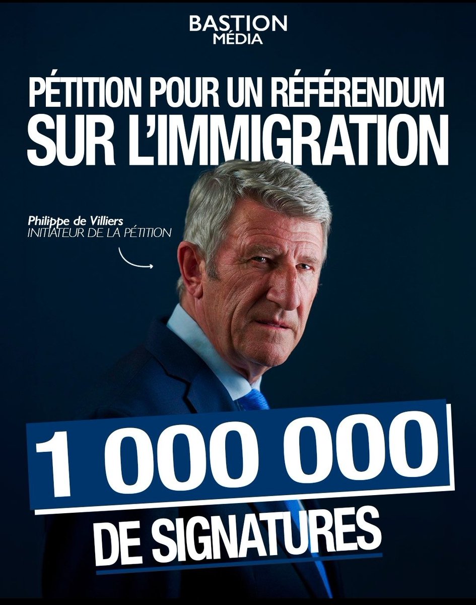 1 million de français ont signé en une semaine la pétition de Philippe De Villiers pour un référendum sur l'immigration..

Aucun mot dans les médias (sauf #Cnews)..

On continue, on signe, on like, on partage, on en parle.

#Facealinfo 

referendum-immigration.com