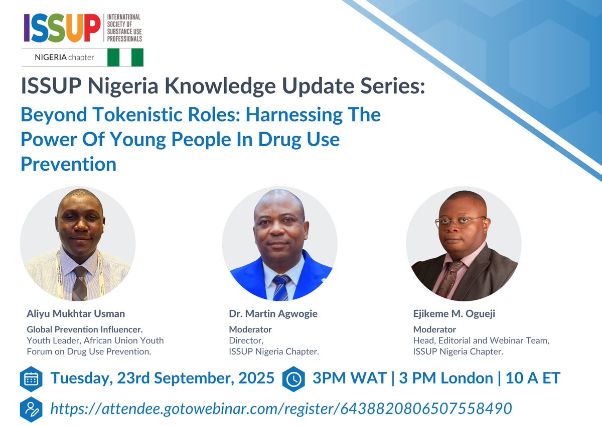 Join us for our upcoming webinar, 'Beyond Tokenistic Roles: Harnessing The Power of Young People in Drug Use Prevention'. Register below!

🗓 Date: 23rd September 2025
⏰ Time: 3:00 PM WAT | 3:00 PM London 
🔗 ow.ly/NBsy50WV1Wx