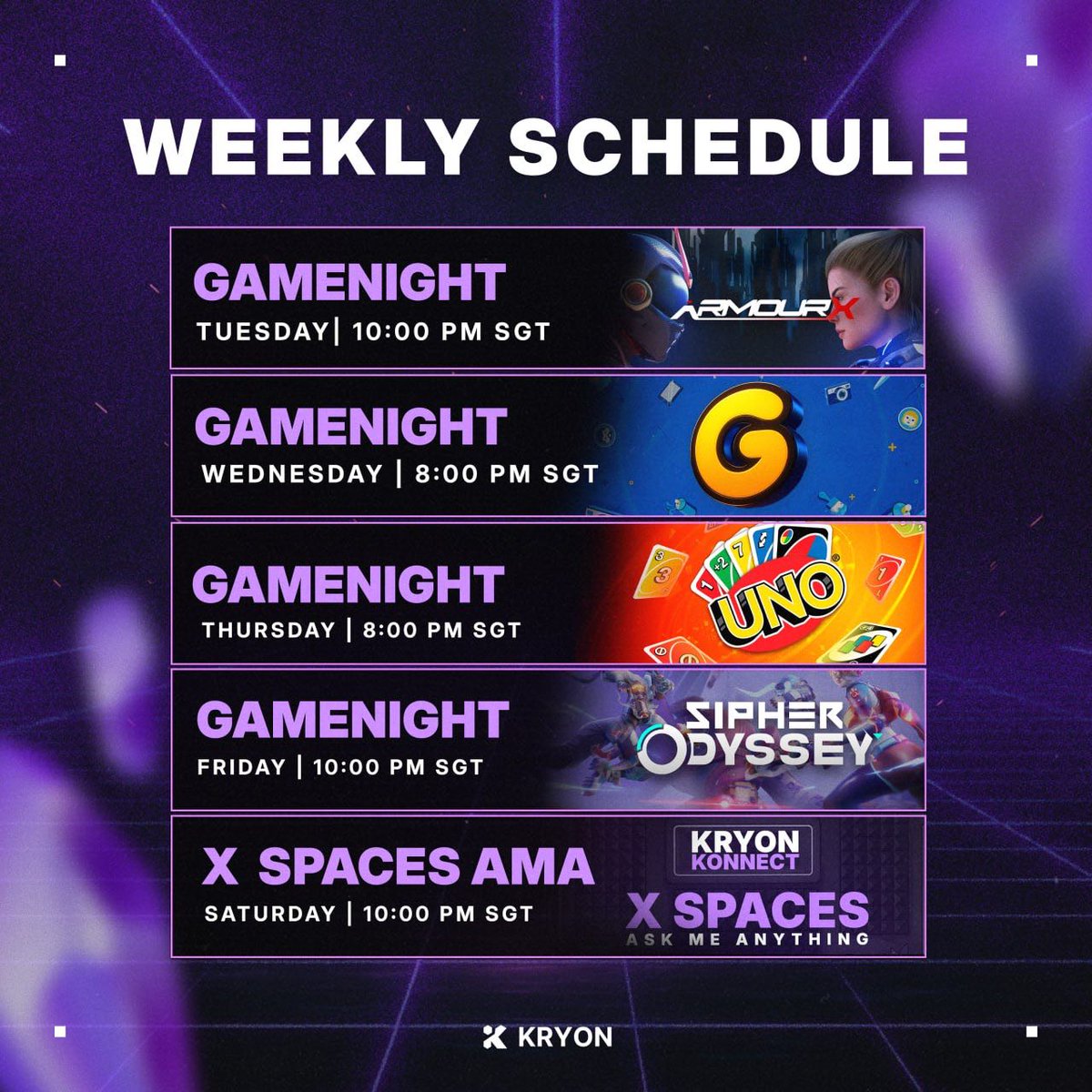 🎮 Kryon Weekly Schedule | September 16–20 🎮

✨ Massive rewards await: 10x ArmourX NFTs, ArmourX NFT (worth 4 SOL), 150 USD worth of SIPHER, and more for Genesis holders! ✨

This week is packed with community fun! Join us for:
• Game Night featuring <a href="/PlayArmourX/">ArmourX | Alpha</a>
• Gartic
•