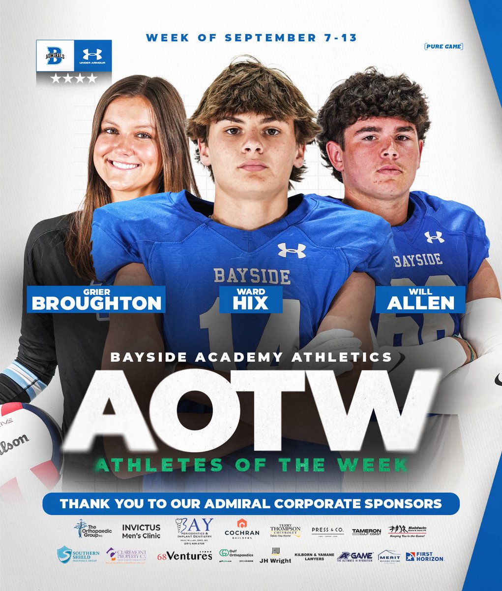 ⭐️ ATHLETES of THE WEEK for September 7-13: Grier Broughton 🏐, Ward Hix 🏈, &amp; Will Allen 🏈!!
#baysideadmirals