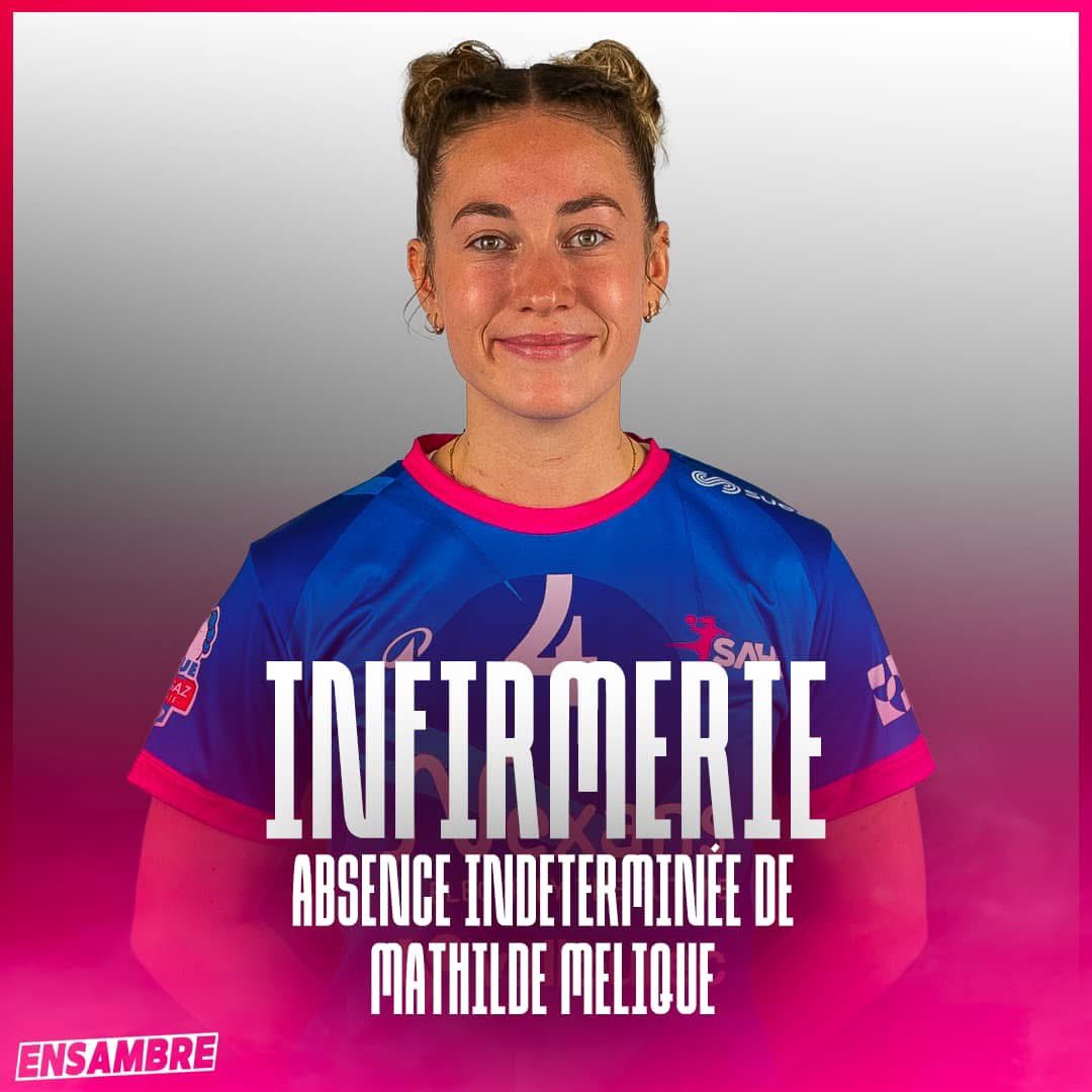 𝙋𝙊𝙄𝙉𝙏 𝙄𝙉𝙁𝙄𝙍𝙈𝙀𝙍𝙄𝙀 🏥

Le club informe que Mathilde Mélique sera malheureusement absente des terrains pour une durée indéterminée suite à une blessure.

Toute l’équipe du Sambre Avesnois Handball lui souhaite un bon rétablissement 🩷💙

#ENSAMBRE