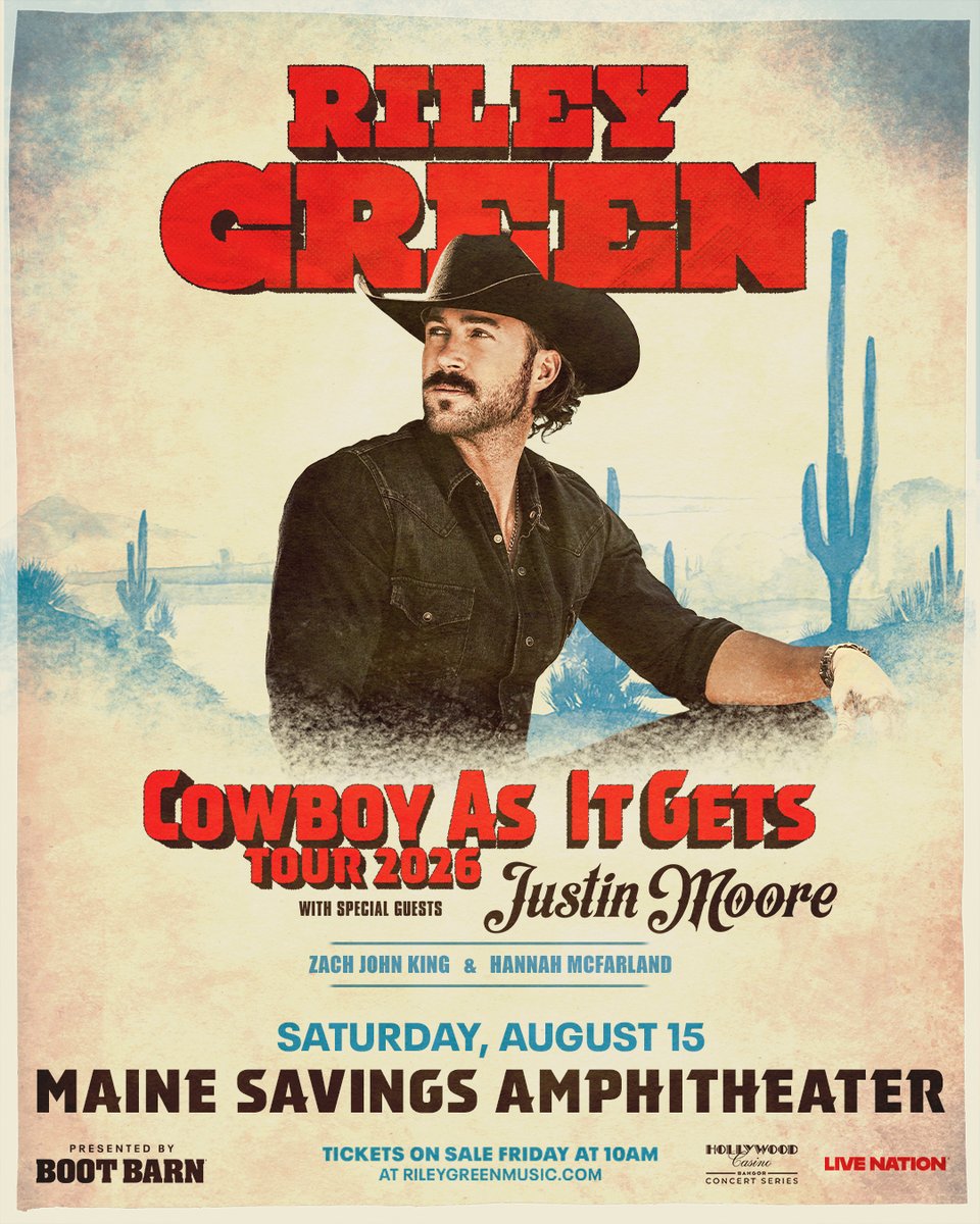 Get ready y’all! 🤠 Riley Green is coming to Bangor on Saturday, August 25th for the Cowboy As It Gets Tour with special guests Justin Moore, Zach John King  and Hannah McFarland! Tickets on sale this Friday, Sept 19th @ 10AM ☀️

🎟️ events.wfconcerts.com/RileyGreen