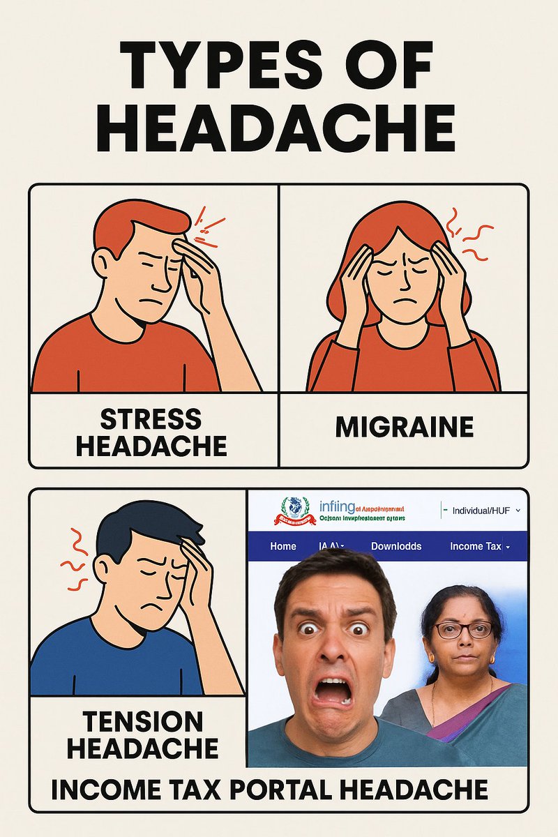 InamdarSami's tweet photo. “Stress, Migraine, Tension? Easy… But the real headache begins when you log in to the Income Tax Portal 😵‍💫💻 #IncomeTax #TaxSeason @IncomeTaxIndia https://t.co/Y6PhrVDpLz