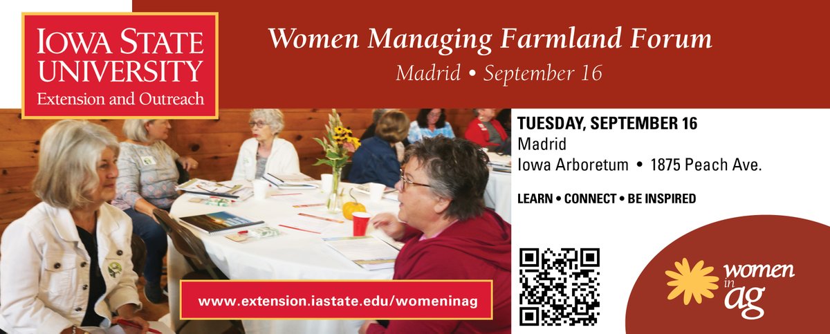 Registration is still open if you'd like to attend tomorrow's Women Managing Farmland Forum at the Iowa Arboretum near Madrid. An optional tour begins at 8:30am; networking at 9:30am; and the Forum begins at 10:30am.
Register online today! go.iastate.edu/PU7YE8