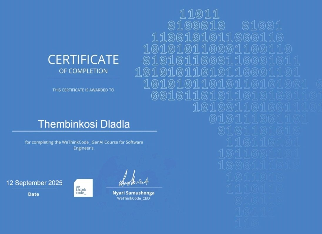 MzukulukaDladla's tweet image. I’m excited to share that I’ve completed the Generative AI for Software Engineers course with @wethinkcode
This course gave me a solid foundation in how to effectively and responsibly use Generative AI in software development.
#GenAI #WeThinkCode #AI #SoftwareEngineering