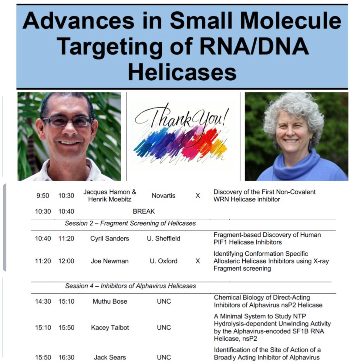 CameronLabUNC's tweet image. Attending the helicase symposium today organized by Tim Willson on behalf of the @UNC Structural Genomics Consortium.