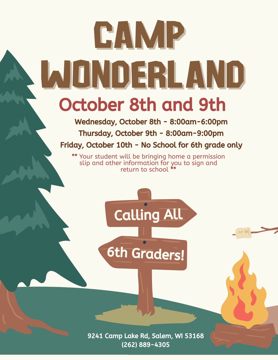 6th-grade families, make sure you save the date for our annual 6th-grade Camp Wonderland experience. More details will be shared with students and families in the next few weeks!