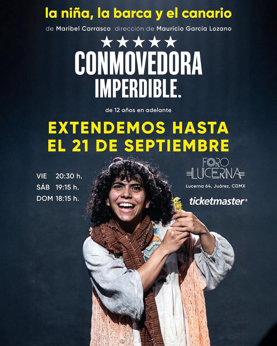 El viaje no termina para La niña, la barca y el canario...

¡Extendemos temporada con 3 funciones finales!

📍 <a href="/ForoLucerna/">Foro Lucerna</a> 
🗓️ Viernes, sábado y domingo 
🎟️ En taquilla y <a href="/Ticketmaster_Me/">Ticketmaster México</a> 
👉🏼 ticketmaster.com.mx/la-nina-la-bar…

¡Te esperamos!