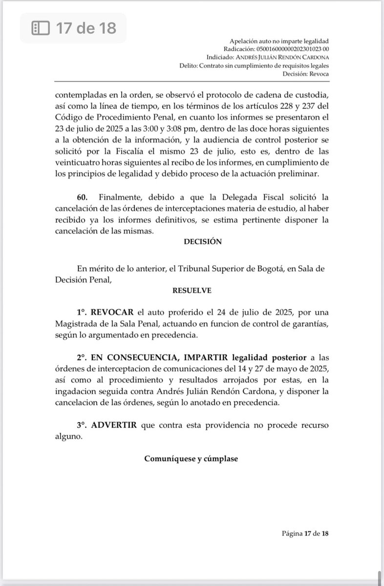 #ATENCIÓN| El Tribunal Superior de Bogotá impartió legalidad a las intercepciones telefónicas ordenadas en el marco de la investigación que lleva la <a href="/FiscaliaCol/">Fiscalía Colombia</a> contra el gobernador de Antioquia, Andrés Julián Rendón (<a href="/AndresJRendonC/">Andrés Julián</a>), por un supuesto detrimento en el caso de la