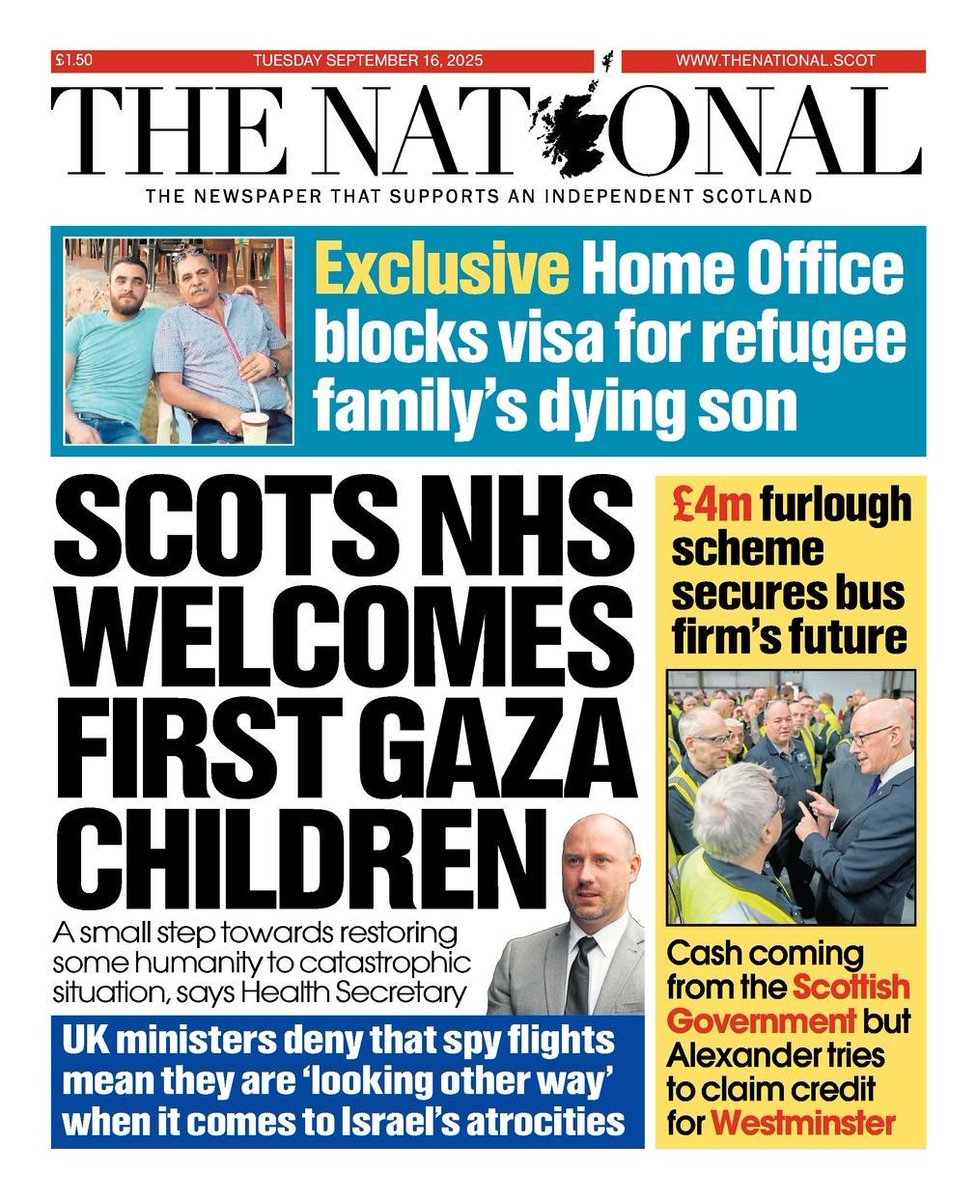 Tomorrow's front page 📰

Scottish NHS welcomes first Gaza children for treatment