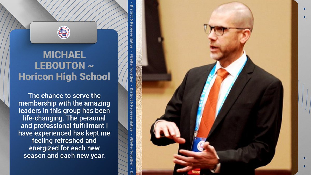 WadaWisconsin's tweet photo. Michael LeBouton from Horicon High School serves District 6 as the District Representative.
His favorite quote "Nothing you do for children is ever wasted."
Check out what Michael values as a active leader with WADA ๐ #BetterTogether #WhyILead https://t.co/HIizsvV4sR