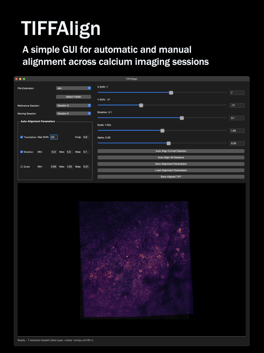 bozhi_wu's tweet photo. #TIFFAlign updated! Now supports automatic alignment across multiple calcium imaging sessions. https://t.co/SkMCbqSisZ  #neuroscience #calcium #2photon #2p #imaging #fluorescence #gcamp #miniscope #calciumimaging https://t.co/Kbq4NA10in