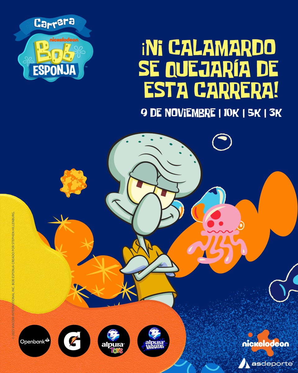 asdeporte (@asdeporte) on Twitter photo Aunque tu humor sea como el de Calamardo, vas a disfrutar cada kilómetro… y hasta sonreír.
Prepárate para correr, en la carrera #BobEsponja #CDMX 2025.
📅 09 de noviembre
📍 Ciudad de México
🎽 Distancias: 3K · 5K · 10K
¡Inscríbete y únete a esta aventura submarina en tierra Aunque tu humor sea como el de Calamardo, vas a disfrutar cada kilómetro… y hasta sonreír.
Prepárate para correr, en la carrera #BobEsponja #CDMX 2025.
📅 09 de noviembre
📍 Ciudad de México
🎽 Distancias: 3K · 5K · 10K
¡Inscríbete y únete a esta aventura submarina en tierra