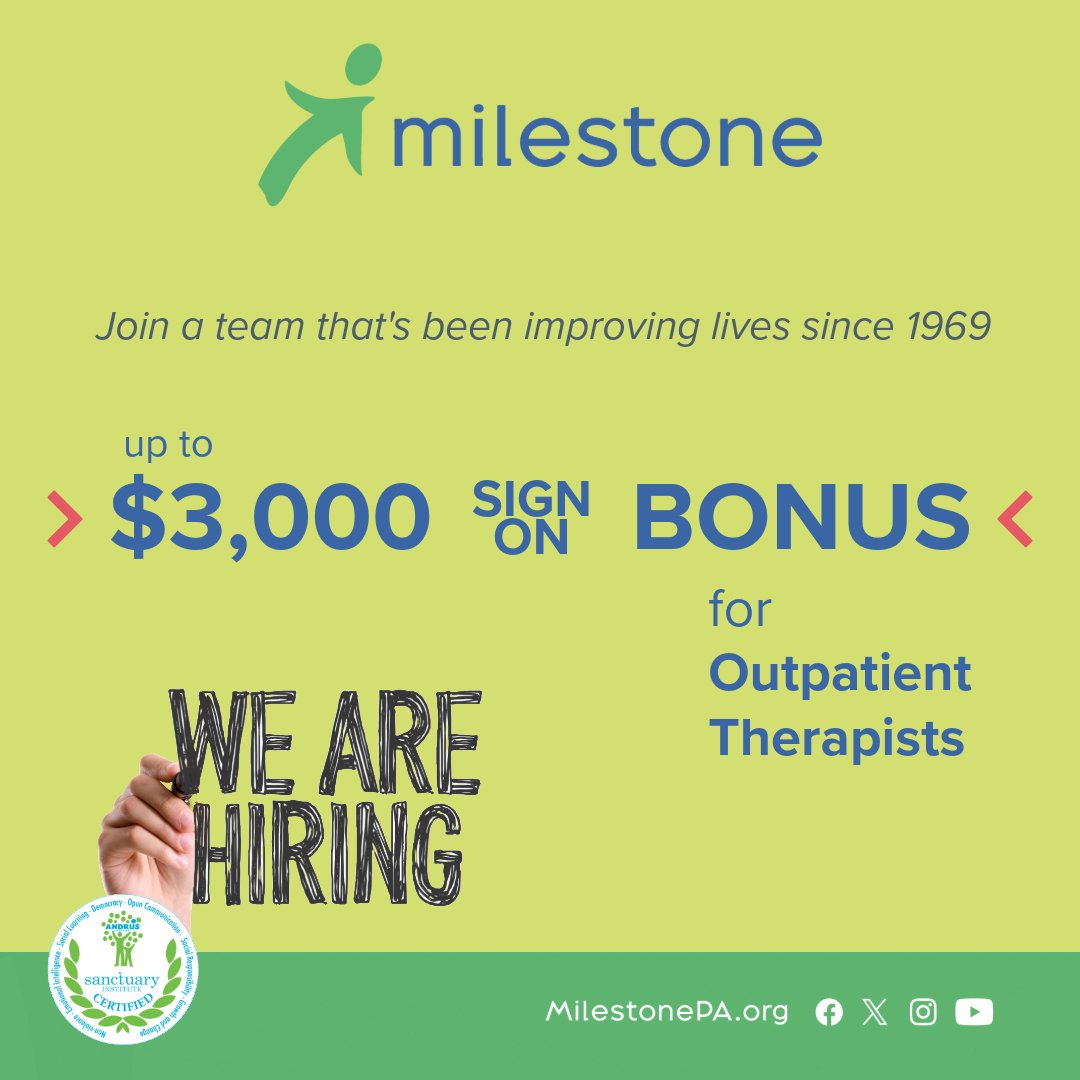 #Career opportunity: Milestone is hiring experienced, compassionate #BehavioralHealth Outpatient Therapists. Earn up to $3,000 as a sign-on bonus! Referring staff also eligible for referral bonus. For more information and to apply, visit careers.pfq.org/careers-home/j…