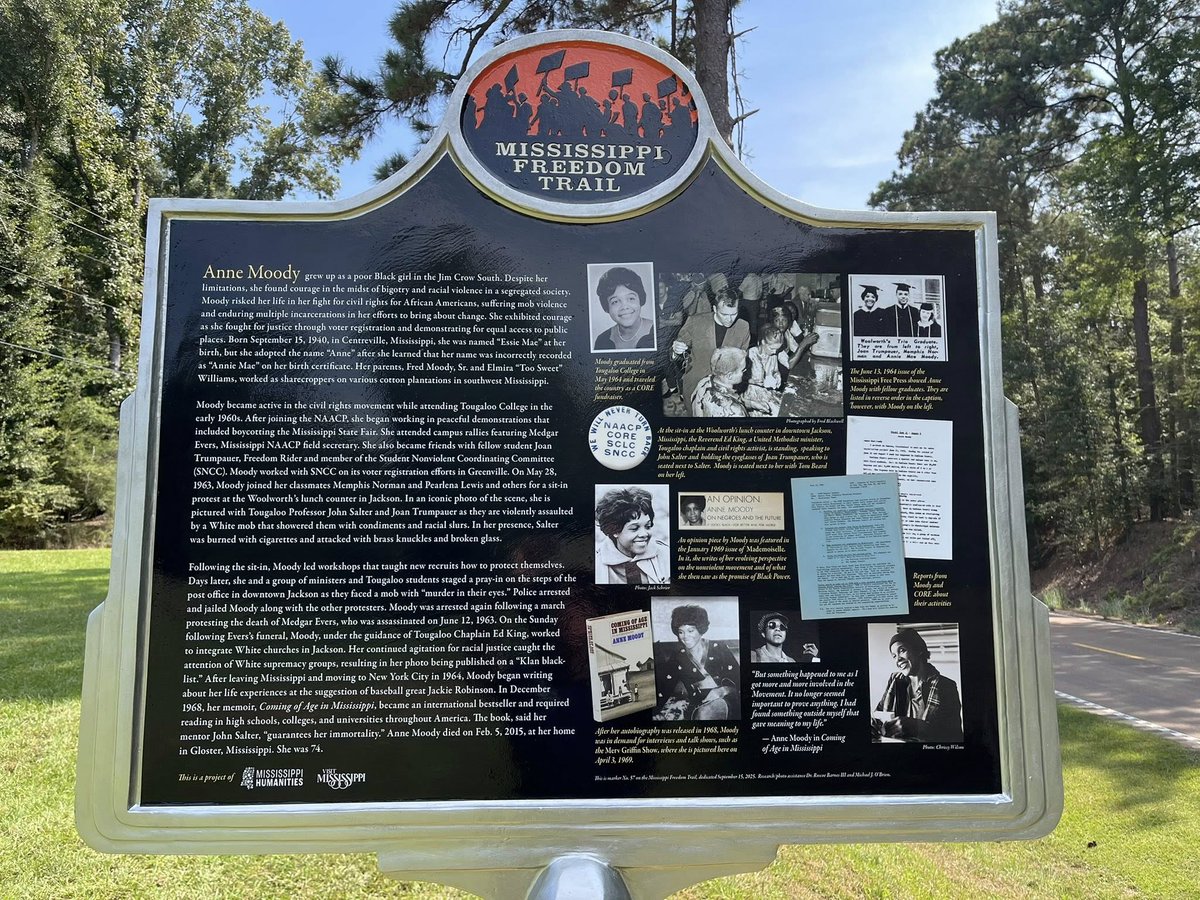 Roscoe Barnes III (@roscoebarnes3) on Twitter photo Mississippi Freedom Trail marker honoring #AnneMoody unveiled today (9/15/2025) at Mount Pleasant Missionary Baptist Church in Centreville, Mississippi. Images provided by Brother Rogers via Mississippi Historical Markers.
<a href="/MSHumanities/">MSHumanities Council</a> <a href="/MississippiHis2/">Mississippi Historical Society</a>
#VisitNatchez Mississippi Freedom Trail marker honoring #AnneMoody unveiled today (9/15/2025) at Mount Pleasant Missionary Baptist Church in Centreville, Mississippi. Images provided by Brother Rogers via Mississippi Historical Markers.
<a href="/MSHumanities/">MSHumanities Council</a> <a href="/MississippiHis2/">Mississippi Historical Society</a>
#VisitNatchez