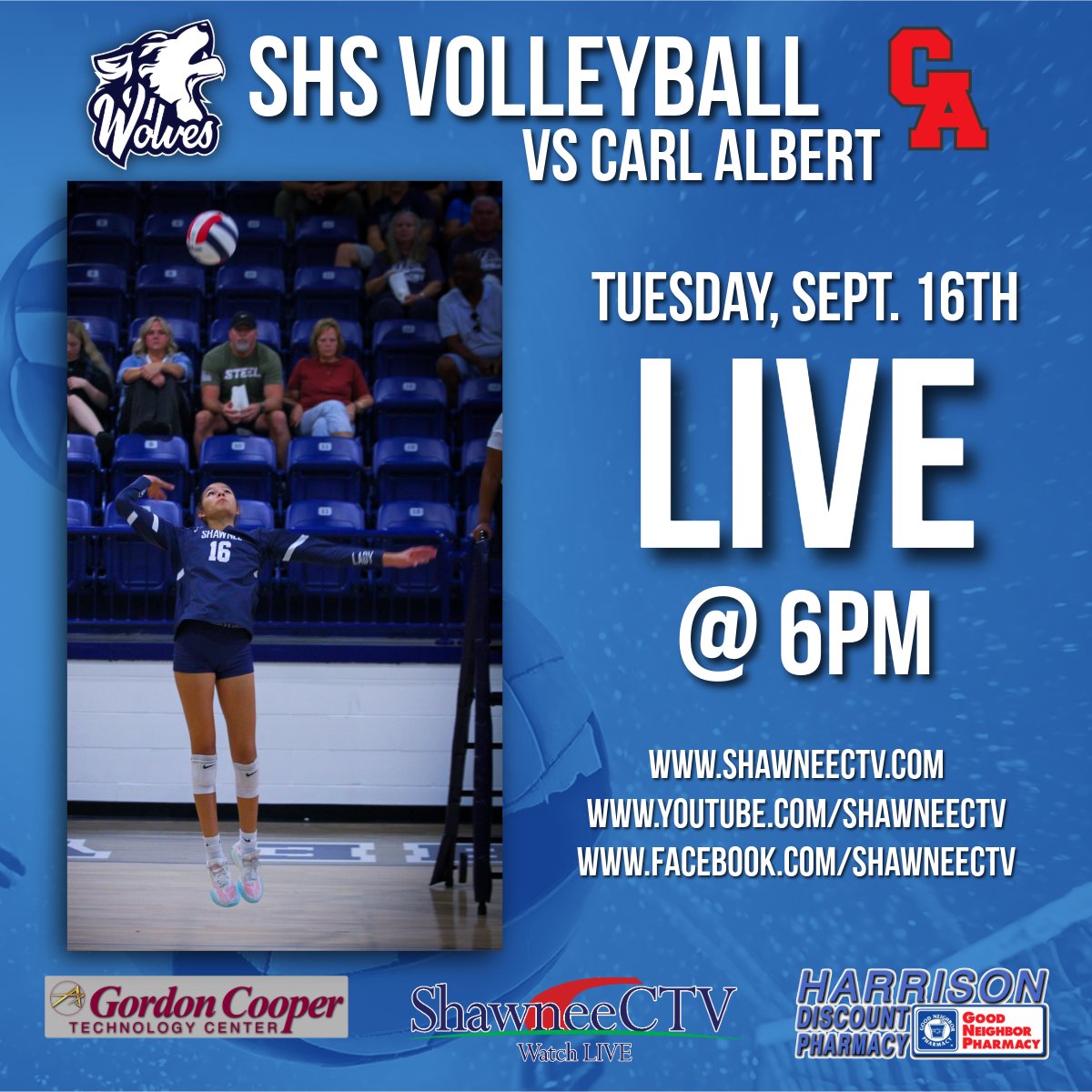 Watch SHS Wolves Volleyball vs Carl Albert - LIVE Tuesday, Sept. 16th at 6pm - ShawneeCTV.com
youtube.com/ShawneeCTV - facebook.com/ShawneeCTV