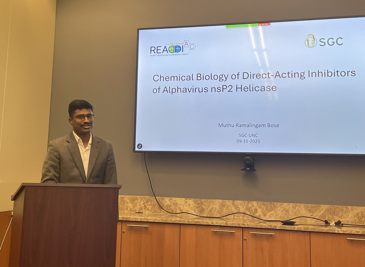 CameronLabUNC's tweet image. Muthu, Kacey, and Jack did a beautiful job discussing the advances made at UNC developing a first-in-class inhibitor of the Chikungunya virus nsP2 helicase.