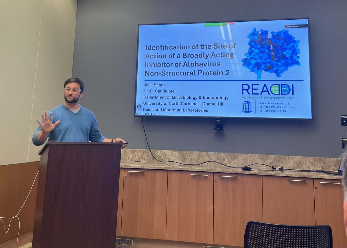 CameronLabUNC's tweet image. Muthu, Kacey, and Jack did a beautiful job discussing the advances made at UNC developing a first-in-class inhibitor of the Chikungunya virus nsP2 helicase.