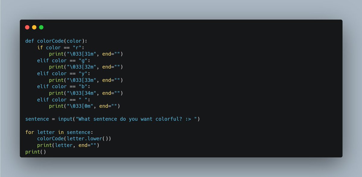 dkingony's tweet image. Day 38 of 100
Mini Project Day! 👨🏾💻
I learn something unique today - ""Strings and Loop".
I wrote a very simple program to make a user's input colourful. I achieved this by iterating through the strings and setting some letter to a colour.
#Replit100DaysOfCode #pythonlearning