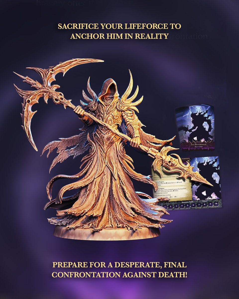 The Deathbringer amplifies every wound your heroes suffer. Sacrifice your lifeforce to face him in a desperate showdown against death itself.

👉 Discover more: gamefound.com/en/projects/dr…

#SpellriftLegends #BoardGames #TabletopGaming
