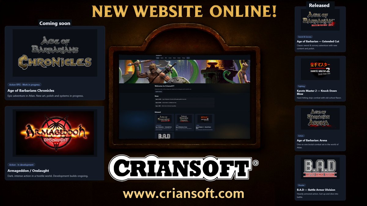 CRIANSOFT's tweet photo. The new home of Criansoft is online!
We’ve updated our official website, with a fresh look and all the projects forged in the fires of creativity.
Discover it here: 
https://t.co/SFxLULTbry

#CrianSoft #AgeOfBarbarians #IndieDev https://t.co/UdxQcrvwks