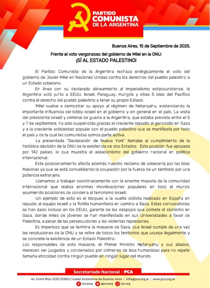 🟥 Frente al voto vergonzoso del gobierno de Milei en la ONU:
¡SÍ AL ESTADO PALESTINO!

🇦🇷 Rechazamos enérgicamente el voto del gobierno de Javier Milei en Naciones Unidas contra los derechos del pueblo palestino a un Estado soberano.

facebook.com/share/p/17KWxT…