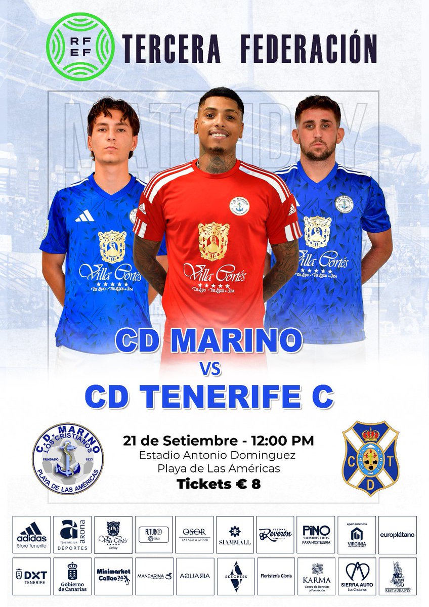 ⚽💙 ¡Tercera Federación! 💙⚽

El próximo 21 de septiembre a las 12:00 PM nos vemos en el Estadio Antonio Domínguez para vivir juntos un nuevo reto en la Tercera Federación.

CD Marino 🆚 CD Tenerife C

🔵⚓🔥

#VamosMarino #OrgulloMarino #TerceraFederación #Fútbol