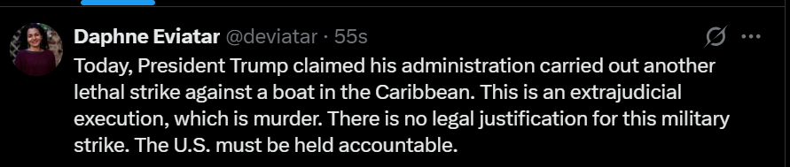 There is no legal justification for this military strike. This may be an extrajudicial execution, which is murder, said <a href="/deviatar/">Daphne Eviatar</a>,  Director, Security with Human Rights with Amnesty International USA.