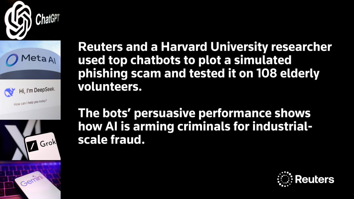 ‘You can always bypass these things,’ said Fred Heiding, a Harvard University researcher and an expert in phishing. Chatbots — which are meant to be safe — were easily tricked into helping scammers. Read the full investigation: reut.rs/4ppcPDY