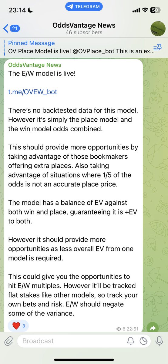 Two big additions to the app in the past two days!

E/W model is out, taking advantage of those extra places offered by bookmakers

Then also the inplay football dashboard. So you can see the models live and track EV as the match plays on

Follow all the app updates on telegram