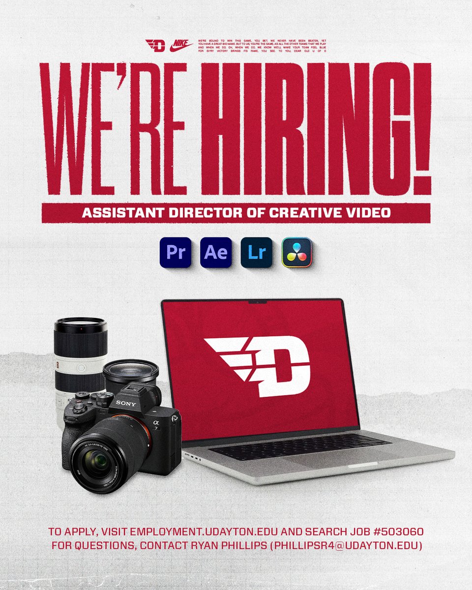 ✈️ 𝐍𝐨𝐰 𝐇𝐢𝐫𝐢𝐧𝐠 ✈️
We're looking for an energetic, talented individual to join our Creative Squad. Come help us continue to elevate the Dayton Flyers brand‼️

If you have any questions, feel free to DM me 

To Apply ▶️ ow.ly/zXgE50WXfKa
