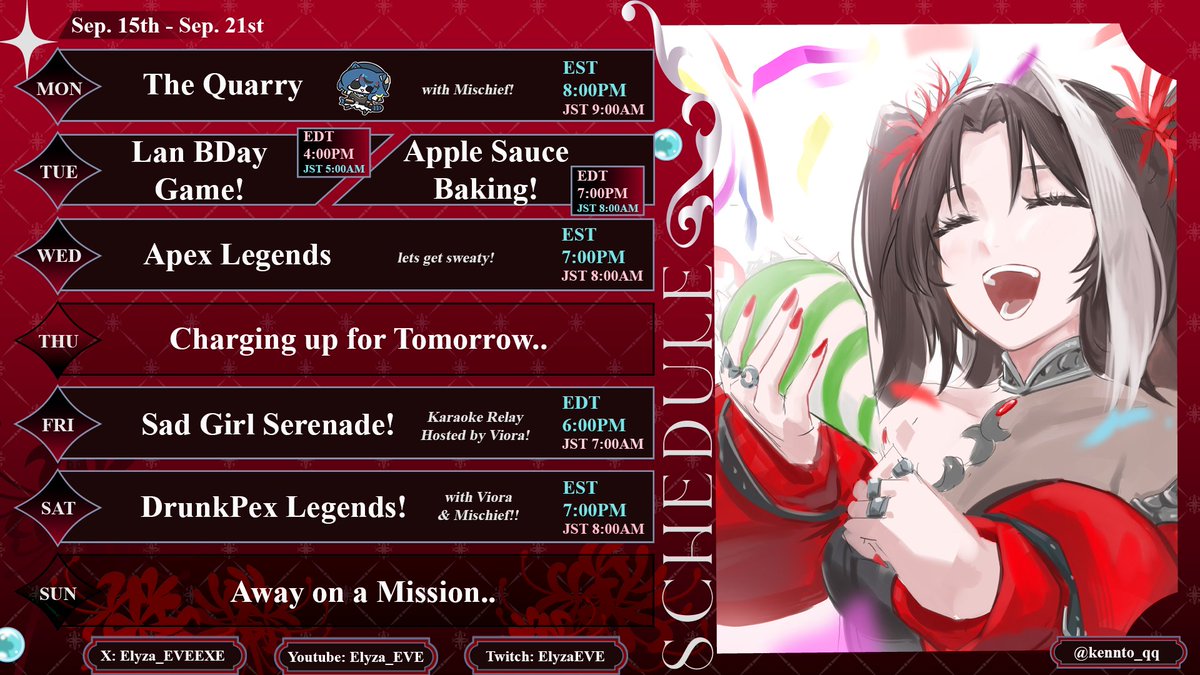 ---🥀Schedule for this week⛓️---
〖STREAMS〗
Youtube: youtube.com/@Elyza_EVE
Twitch: twitch.tv/elyzaeve
〖TAGS〗
General: #ElyzaEVE  Live: #Elyzaisliva
Art: #Elyzart  Memes: #Keklyza
Very NSFW: #Steplyza  Group: #EVEEXE