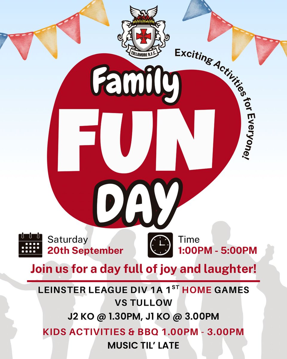 tullamorerugby.com/news/tullamore…
Activities and face painting for the kids
BBQ from 1.00pm - 3.00pm
Music in the clubhouse til’ late

First mens home games vs @tullow_rfc 
J2’s KO @ 1.30pm
J1’s KO @ 3.00pm

Bring the whole family and make a day of it - everyone welcome!