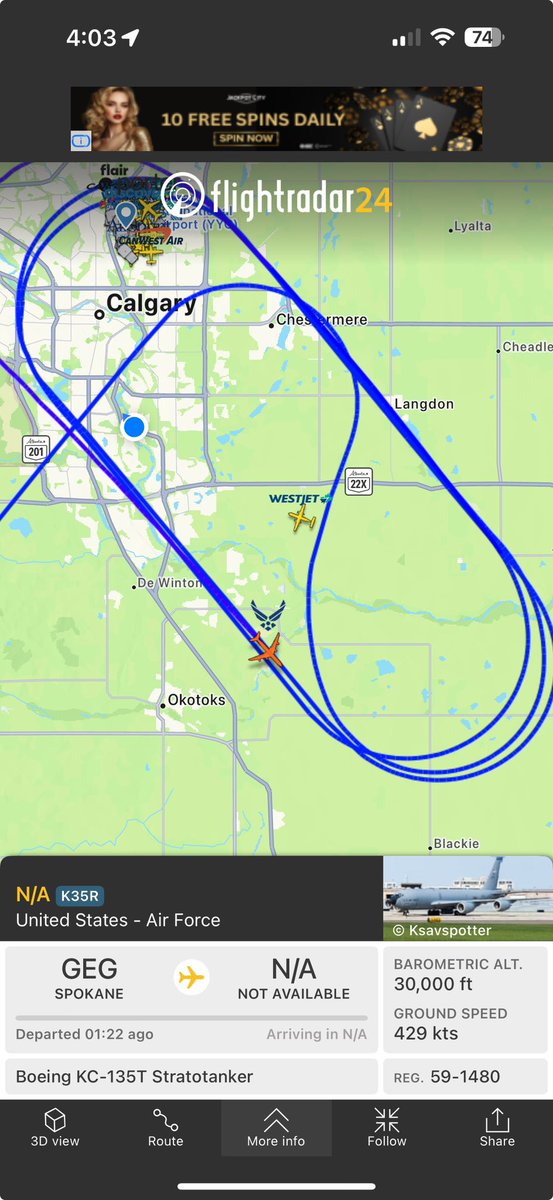 gmoe_hewitt's tweet photo. @GlobalCalgary apparently Air Force One was in Calgary. I heard a bunch of fighter jets in the sky and opened my flight app. Neither AF one of the jets showed on the radar but the refuelling plane did. https://t.co/pjtci5Iv5N