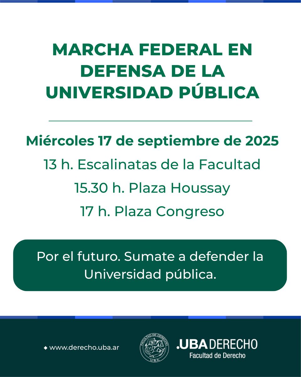 📢🏛 Marcha Federal en defensa de la Universidad Pública

📍 Miércoles 17 de septiembre de 2025

▪ 13 h. Escalinatas de la Facultad
▪ 15.30 h. Plaza Houssay
▪ 17 h. Plaza Congreso

Por el futuro. Sumate a defender la Universidad pública.
