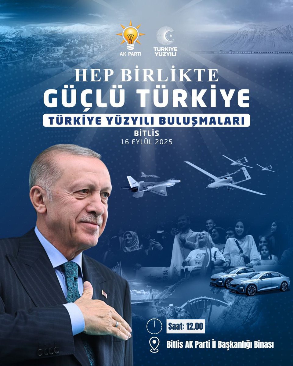 Genel Merkez İnsan Hakları Genel Başkanımız Sayın Hasan Basri YALÇIN, Bölge Milletvekillerimiz ve MKYK üyelerimizin katılımlarıyla; 
16 Eylül Salı günü Türkiye Yüz yılı Buluşmaları kapsamında #BİTLİS’teyiz.

📅 16 Eylül 2025 – Salı
📍 AK Parti Bitlis İl Başkanlığı
🕙 12.00