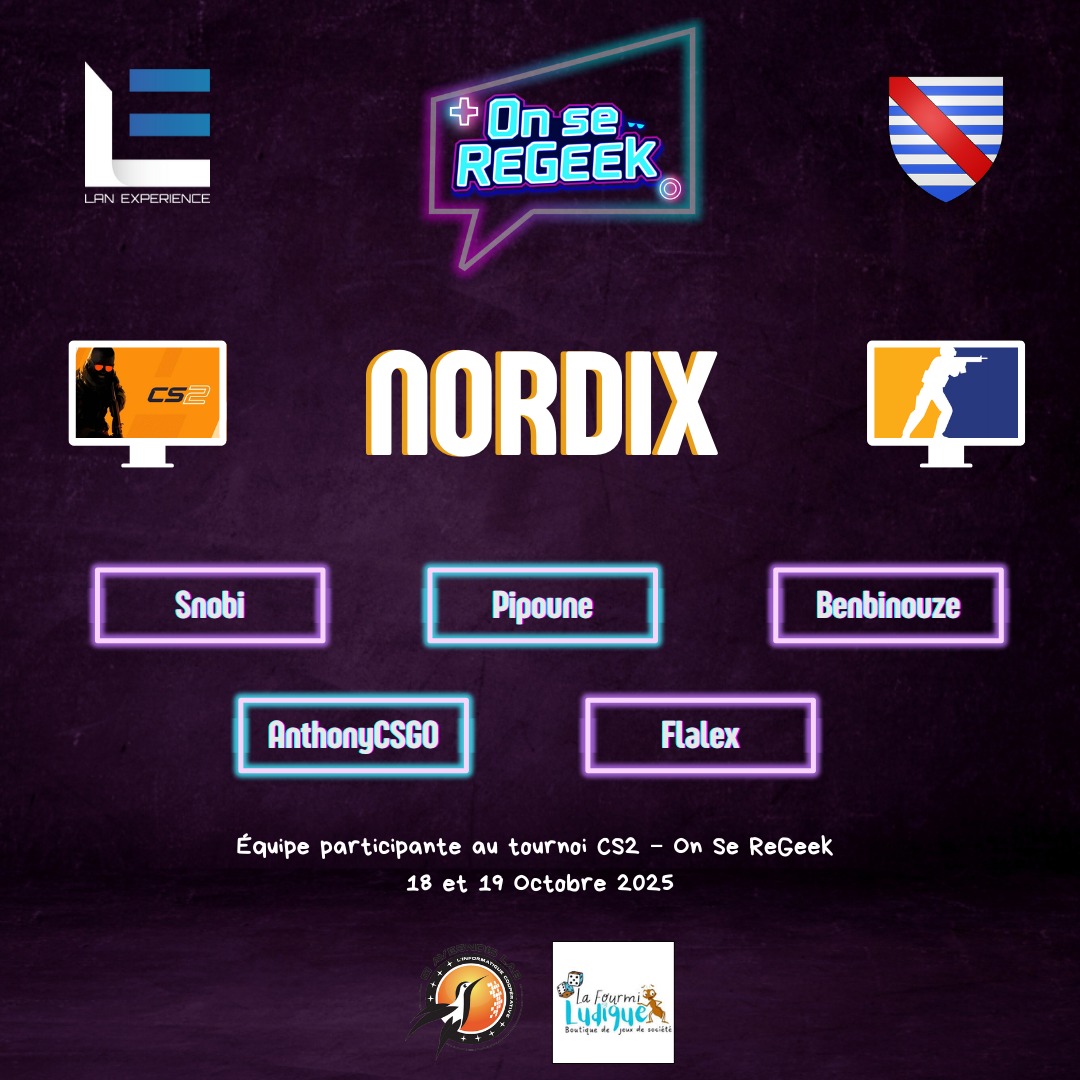 Lan_Experience's tweet photo. 📷 Quatrième équipe confirmée ! 📷
"Nordix" a un objectif clair et précis : mettre un froid à vos ambitions au tournoi Counter Strike 2 d'On Se ReGeek 💪
📷 Snobi, Benbinouze, Pipoune, Flalex, AnthonyCSGO
#OnSeReGeek #lanex #esports #counterstrike2 #tournoi https://t.co/mSXrTwcSJX