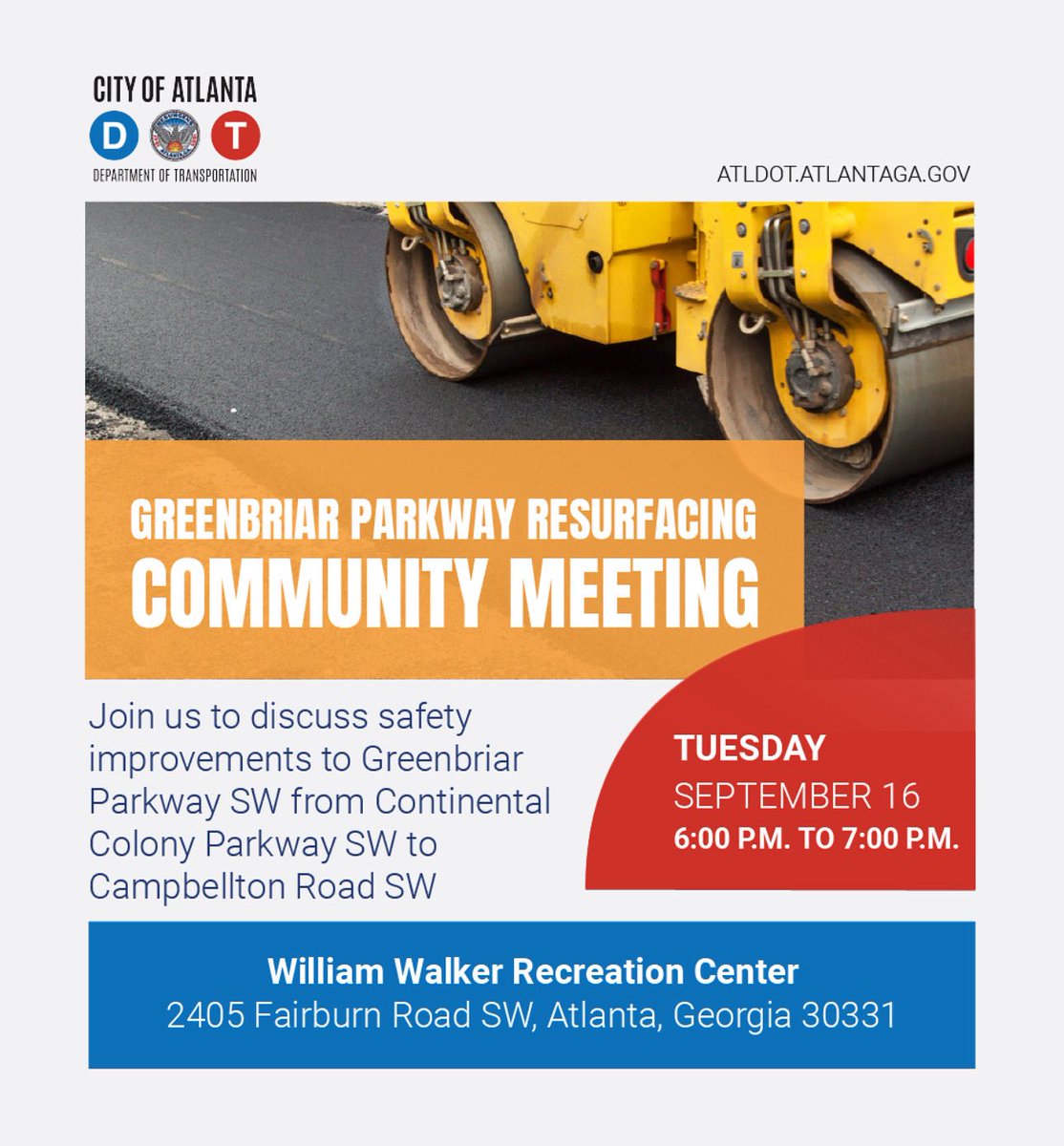 Greenbriar Parkway is getting a much-needed upgrade! Join me on September 16  (tomorrow night) to learn more about safety improvements and resurfacing plans at William Walker Recreation Center from 6 to 7 PM.
