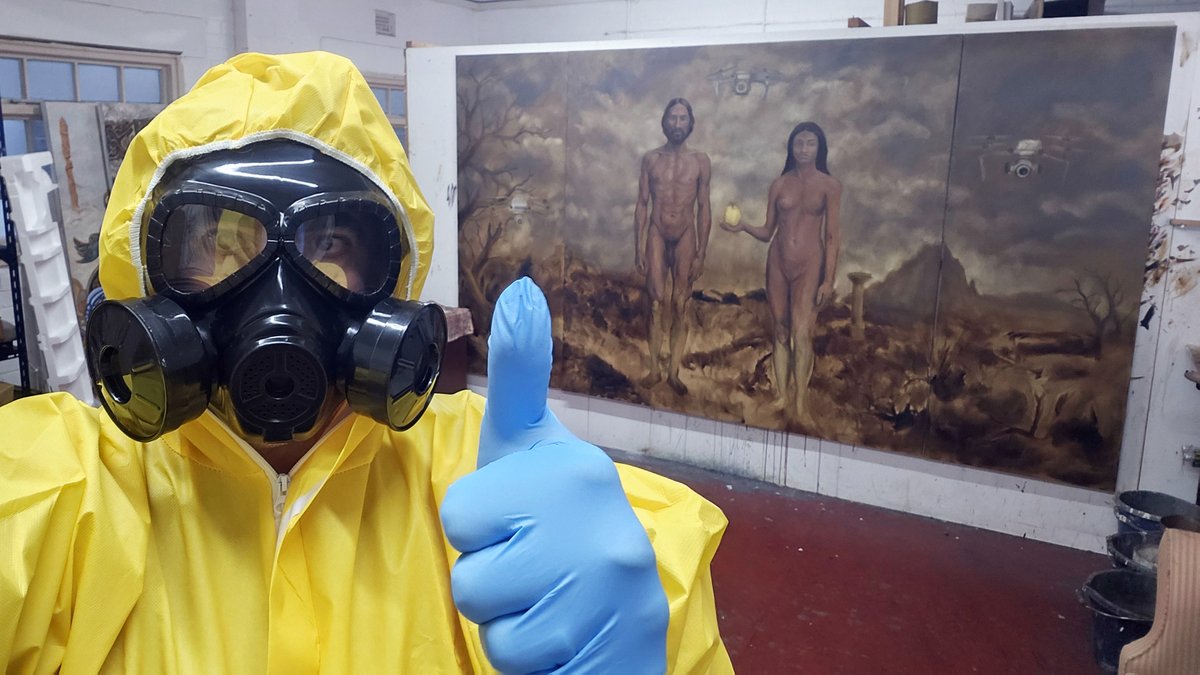 Trying on the hazmat suit that'll be worn by the #EXPOS3D exhibition greeter, with the first layers of The Fall of Eden (WIP) behind me, the final painting to be completed for the show.

This will be an experience unlike anything ever seen. Visitors will pass through a full-size