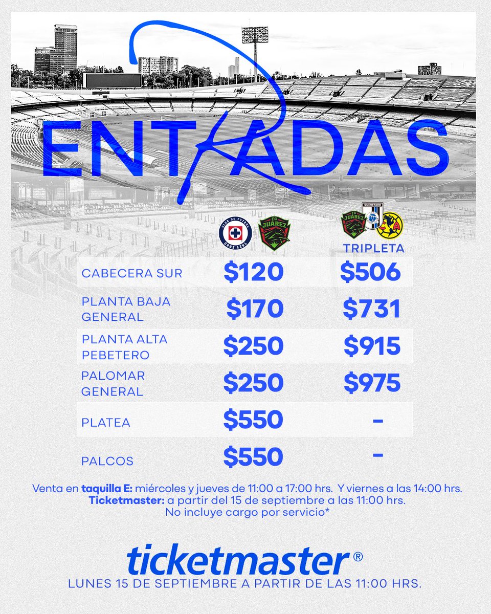 ¡Boletos a la venta! 🚨

Ojito a la tripleta, Azules 👀

🎟️ bit.ly/Boletos_CFCA

¡Nos vemos en el Olímpico Universitario! 💙