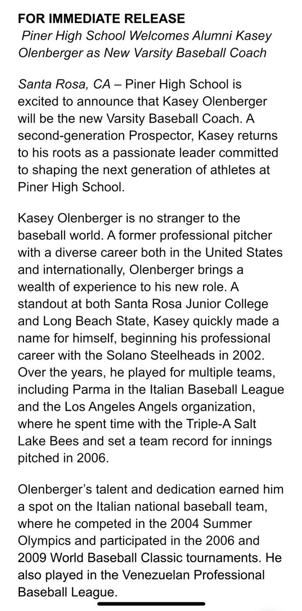 JustGusPD's tweet photo. NEWS: Piner has hired Kasey Olenberger (@bergerfromcali) as its new varsity baseball coach. Probably the most accomplished baseball player in school history returns to lead his alma mater. #PDPreps https://t.co/iu8nehlTWD
