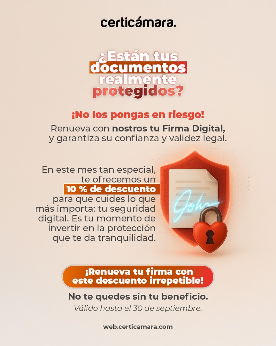 🚨¡No pongas en riesgo tu seguridad en línea! Renueva tu Firma Digital con Certicámara y aprovecha el 10% de descuento.

Solo por tiempo limitado.  ¡Adquiere tu descuento aquí! acortar.link/CzSsIp

Aplican Términos y Condiciones web.certicamara.com/terminos-y-con…