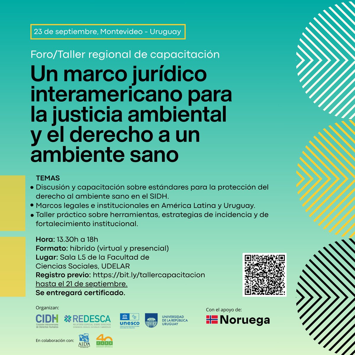DESCA_CIDH's tweet image. 💬 Foro/Taller Regional de #Capacitación
📢 Un marco jurídico interamericano para la #justiciaambiental y el derecho a un #ambientesano.
La REDESCA @DESCA_CIDH  y la Cátedra UNESCO de DDHH de la @Udelaruy, invitan a participar en un espacio de formación e intercambio sobre las…